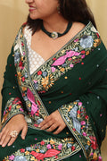 Green Hand Embroidered Parsi Gara Crepe Floral And Bird Design Saree - Luxurion World