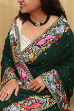 Green Hand Embroidered Parsi Gara Crepe Floral And Bird Design Saree - Luxurion World