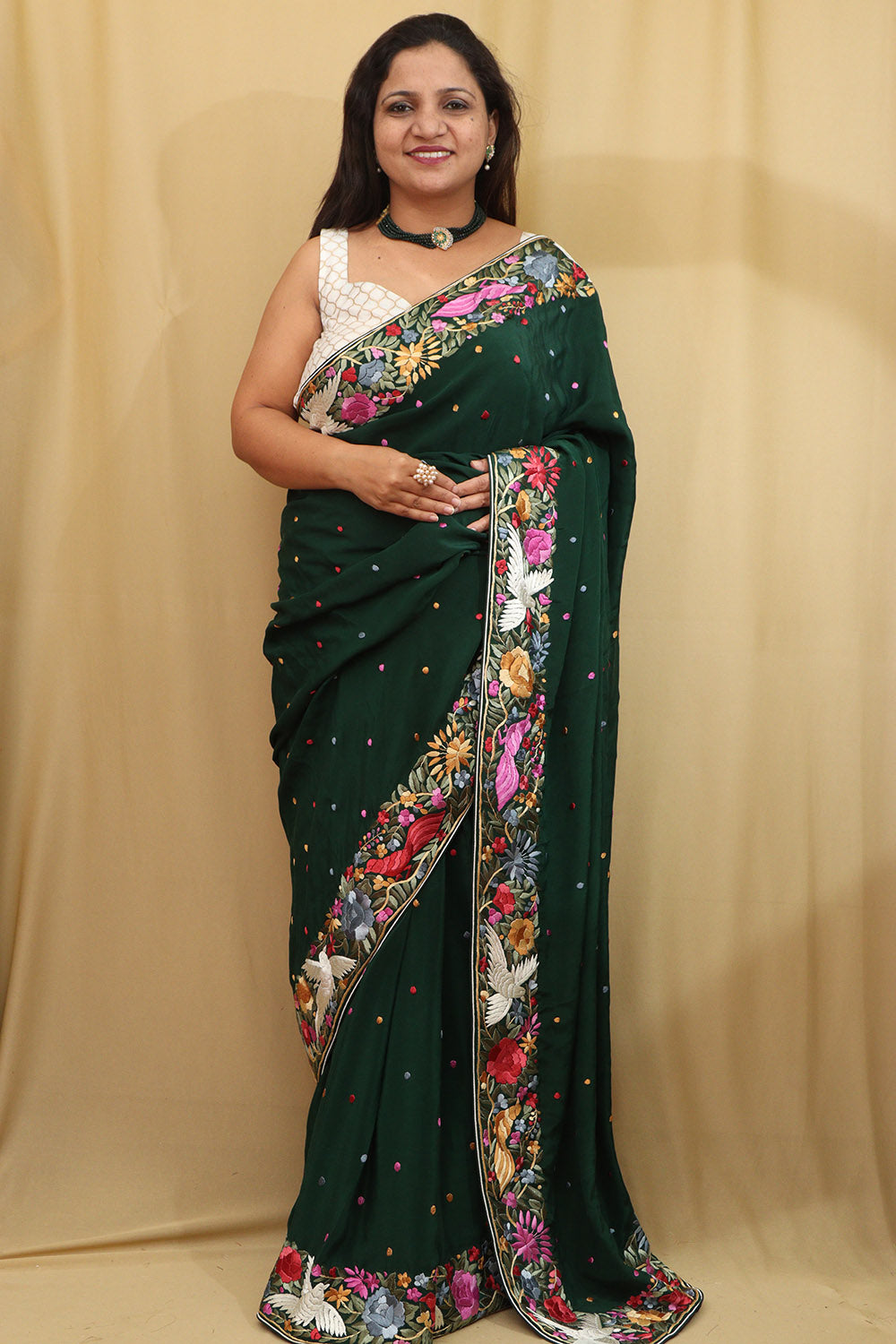 Green Hand Embroidered Parsi Gara Crepe Floral And Bird Design Saree - Luxurion World
