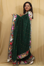 Green Hand Embroidered Parsi Gara Crepe Floral And Bird Design Saree - Luxurion World