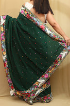 Green Hand Embroidered Parsi Gara Crepe Floral And Bird Design Saree - Luxurion World