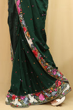 Green Hand Embroidered Parsi Gara Crepe Floral And Bird Design Saree - Luxurion World
