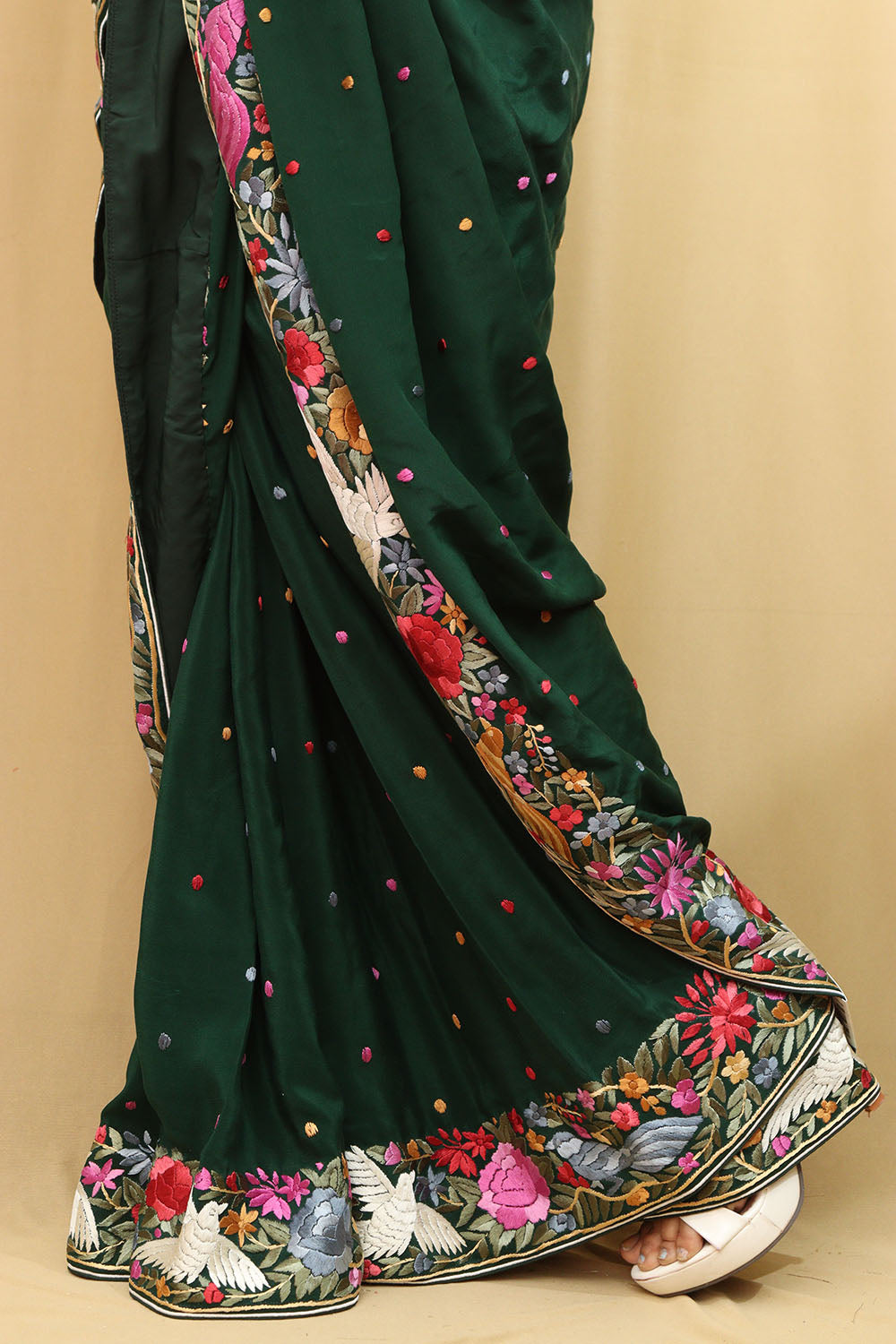Green Hand Embroidered Parsi Gara Crepe Floral And Bird Design Saree - Luxurion World