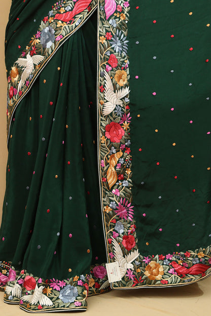 Green Hand Embroidered Parsi Gara Crepe Floral And Bird Design Saree - Luxurion World