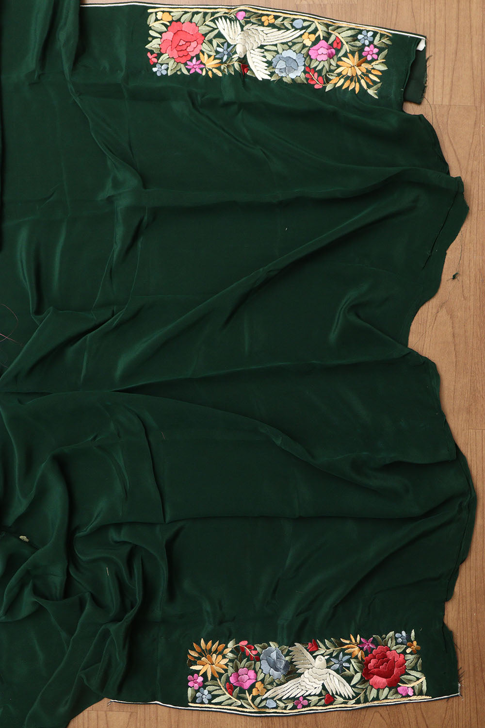 Green Hand Embroidered Parsi Gara Crepe Floral And Bird Design Saree - Luxurion World