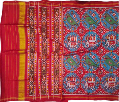 Handloom Semi Patan Patola Pure Silk Saree - Red - Luxurion World
