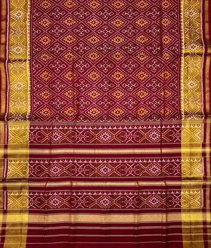 Maroon Pure Silk Patola Single Ikat Saree - Luxurion World