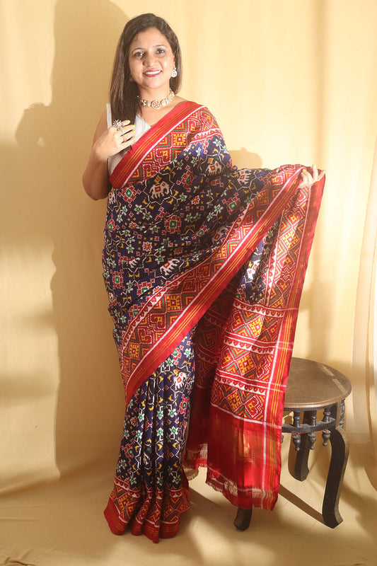 Blue Handloom Double Ikat Patan Patola Pure Silk Saree - Luxurion World