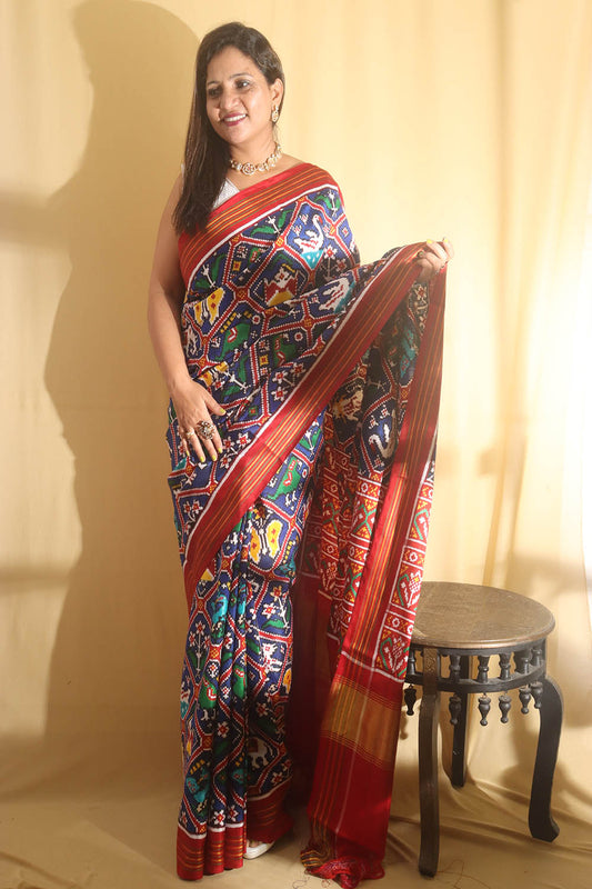 Blue Handloom Patan Patola Pure Silk Saree - Luxurion World