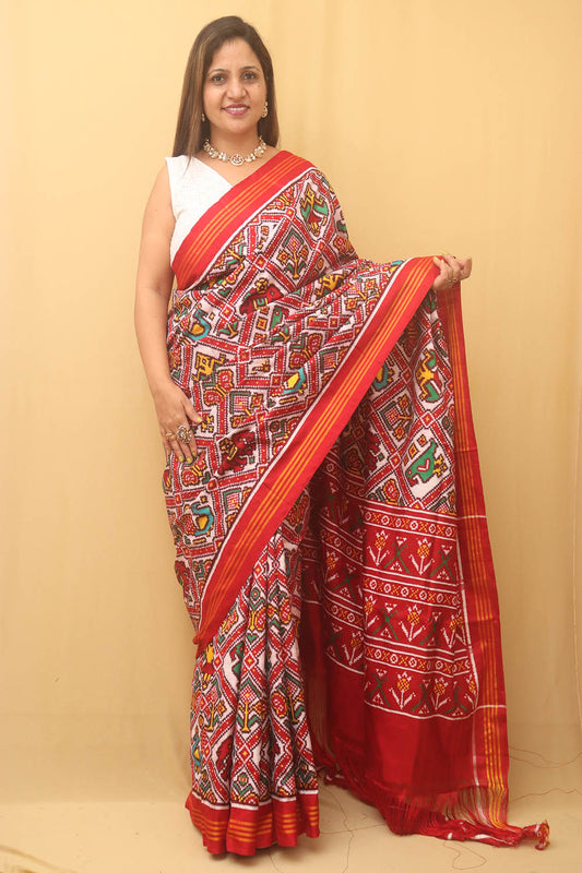 Off White Handloom Double Ikat Patan Patola Pure Silk Saree - Luxurion World
