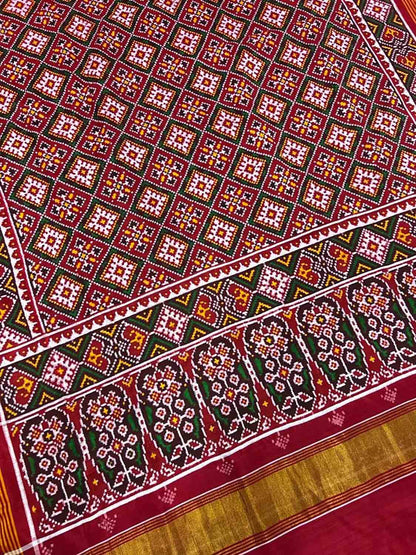 Red Patan Patola Handloom Pure Silk Double Ikat Saree - Luxurion World