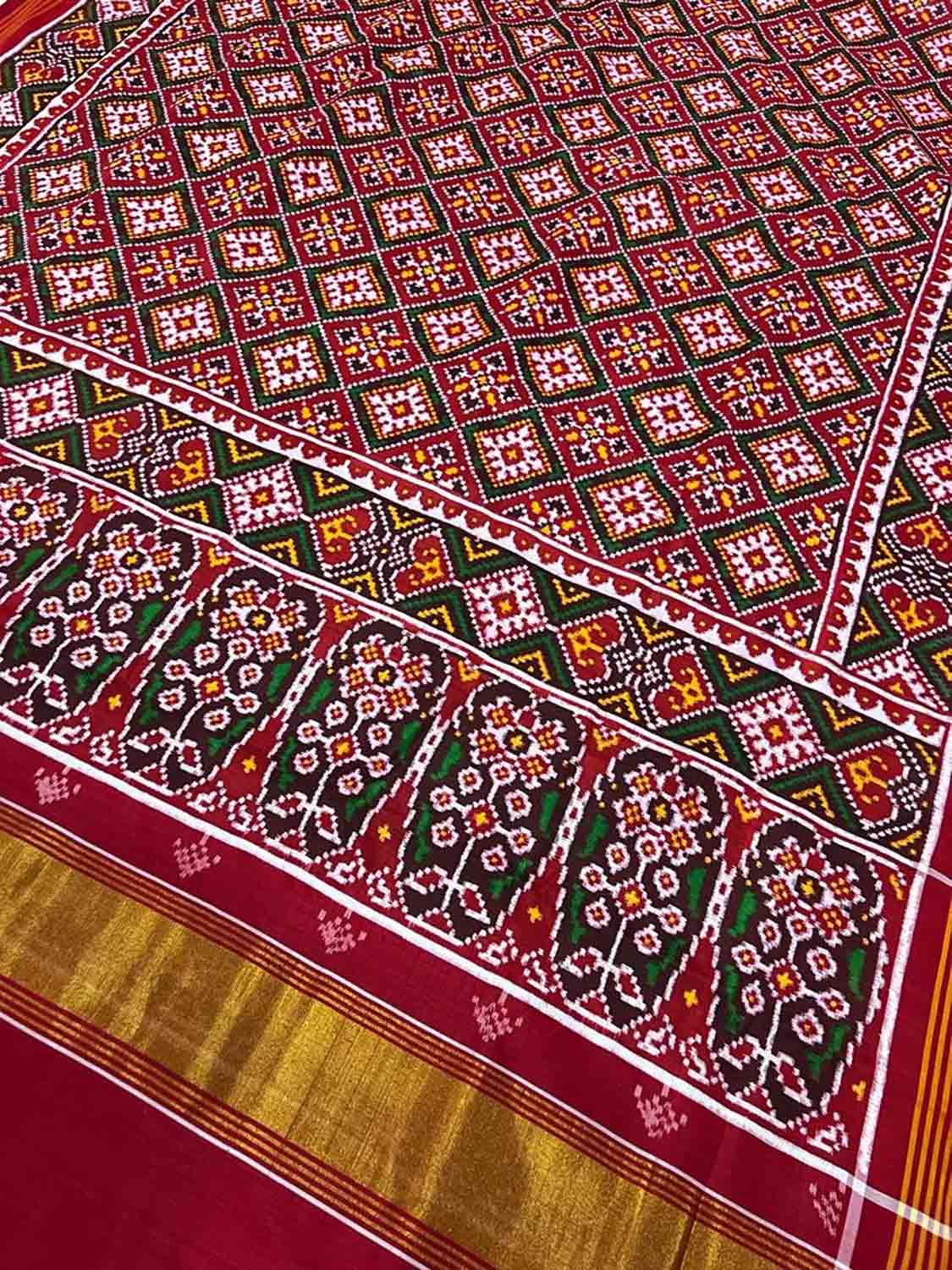 Red Patan Patola Handloom Pure Silk Double Ikat Saree - Luxurion World