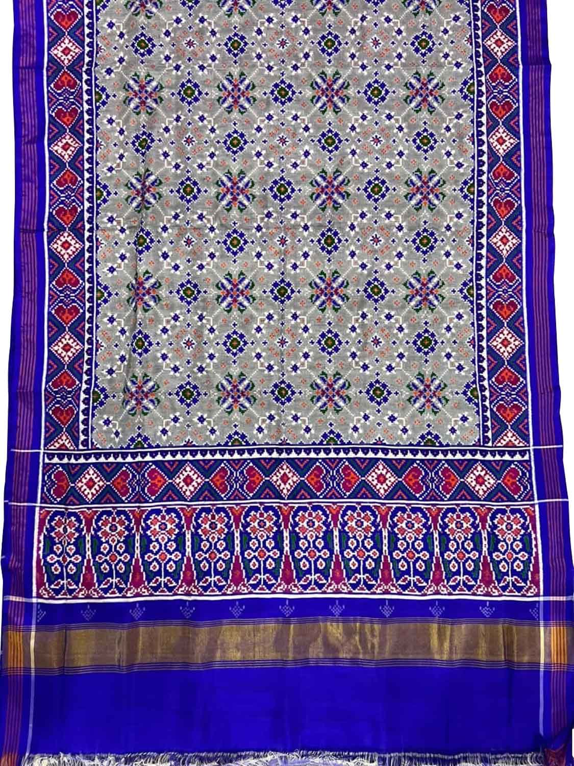 Luxurious Grey Handloom Patan Patola Double Ikat Silk Saree - Luxurion World
