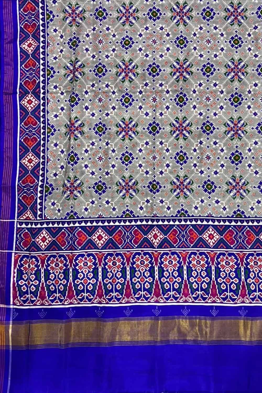 Luxurious Grey Handloom Patan Patola Double Ikat Silk Saree - Luxurion World