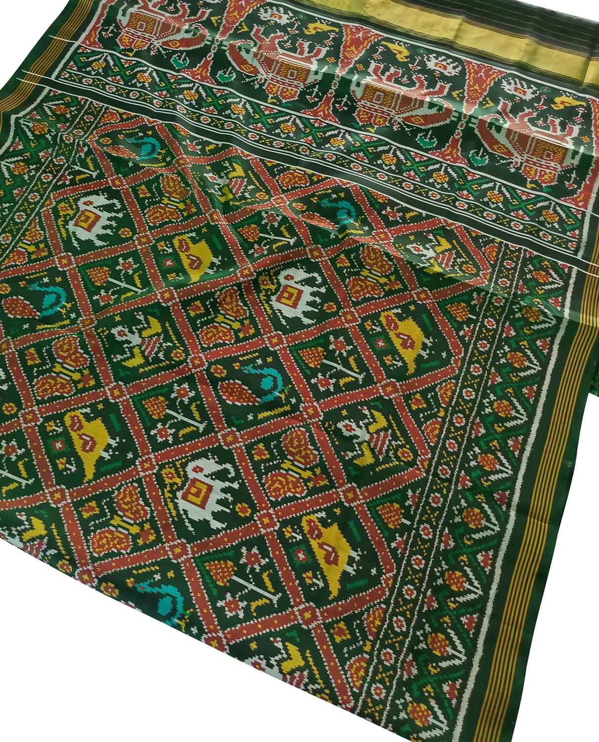 Green Patola Handloom Silk Saree - Semi Patan Design - Luxurion World