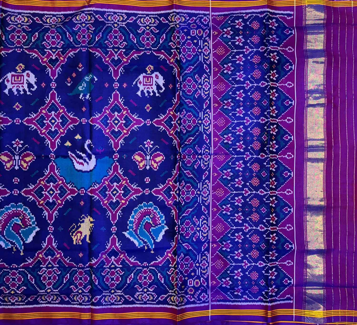 Blue Semi Patan Patola Handloom Pure Silk Elephant Design Saree - Luxurion World