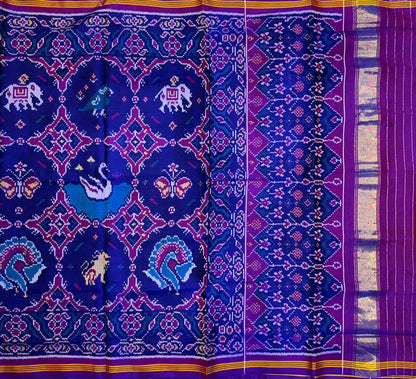 Blue Semi Patan Patola Handloom Pure Silk Elephant Design Saree - Luxurion World