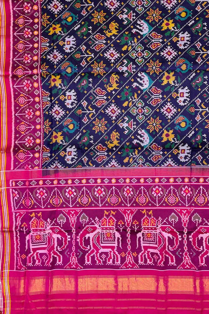 Blue Semi Patan Patola Handloom Pure Silk Elephant Design Saree - Luxurion World