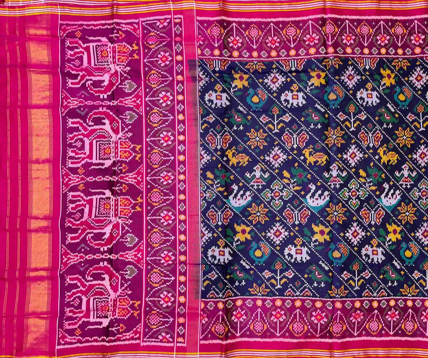 Blue Semi Patan Patola Handloom Pure Silk Elephant Design Saree - Luxurion World