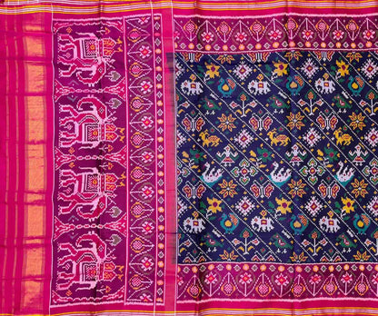 Blue Semi Patan Patola Handloom Pure Silk Elephant Design Saree - Luxurion World