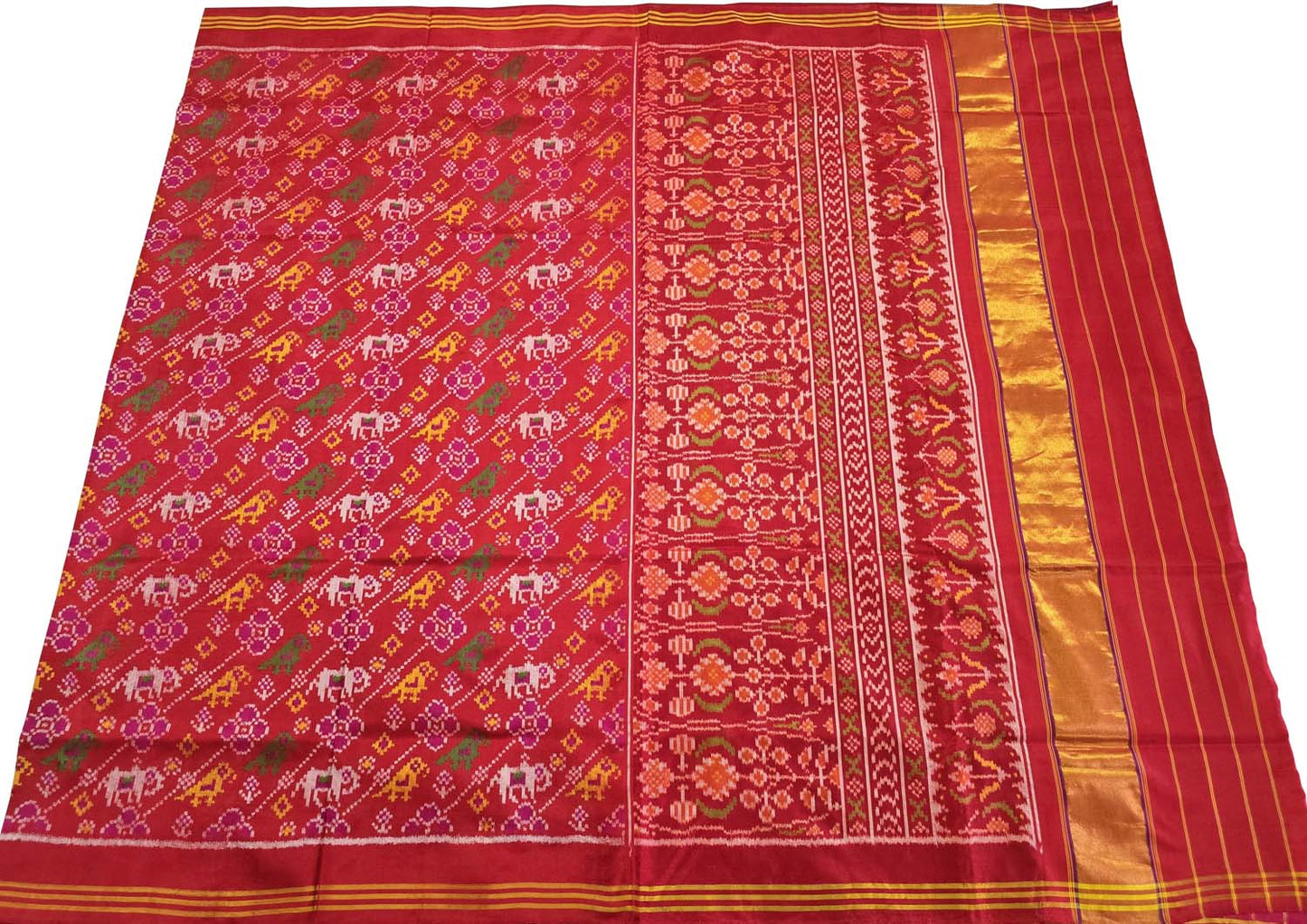 Red Semi Patan Patola Handloom Pure Silk Elephant Design Saree - Luxurion World