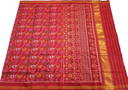 Red Semi Patan Patola Handloom Pure Silk Elephant Design Saree - Luxurion World