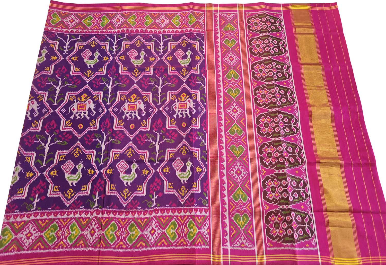 Purple Semi Patan Patola Handloom Pure Silk Elephant Design Saree - Luxurion World