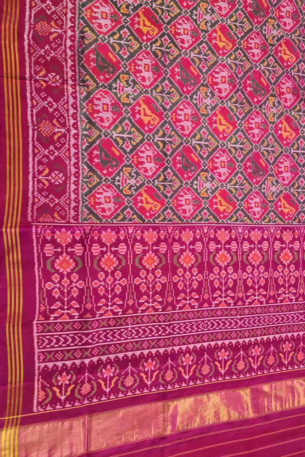 Pink & Grey Semi Patan Patola Handloom Pure Silk Elephant Design Saree - Luxurion World