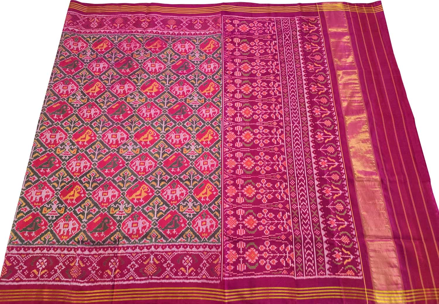 Pink & Grey Semi Patan Patola Handloom Pure Silk Elephant Design Saree - Luxurion World