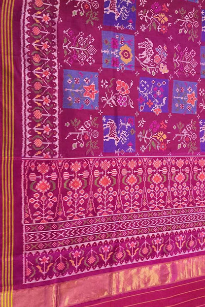 Pink Semi Patan Patola Handloom Pure Silk Flower Design Saree - Luxurion World