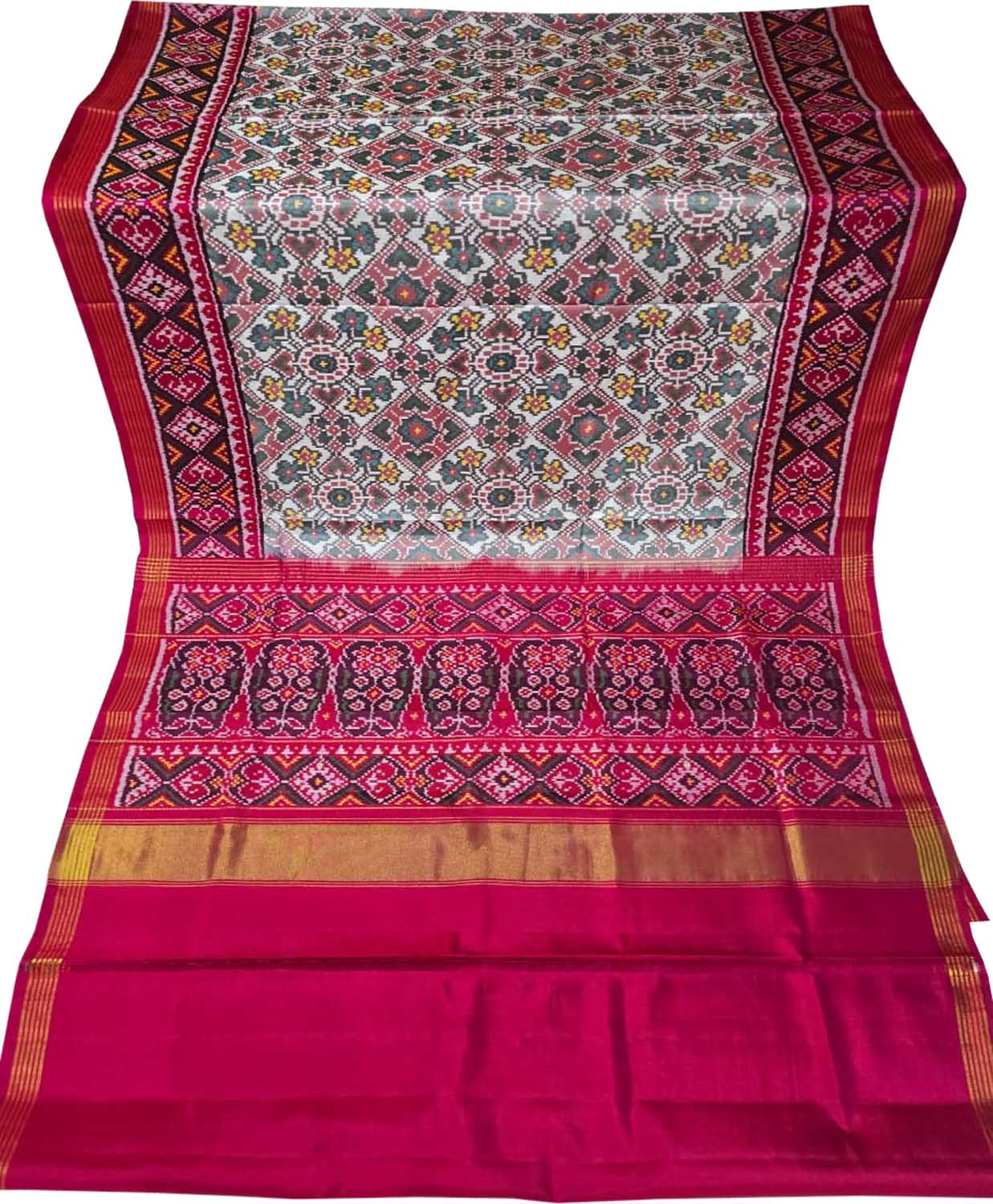 Off White Handloom Semi Patan Patola Pure Silk Saree - Luxurion World