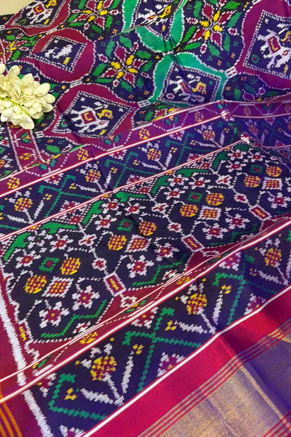 Blue Semi Patan Patola Handloom Pure Silk Saree - Luxurion World