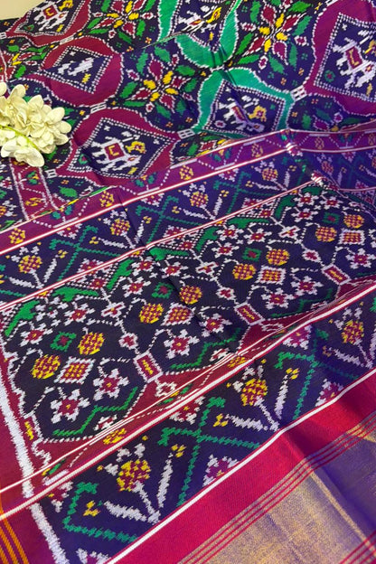 Blue Semi Patan Patola Handloom Pure Silk Saree - Luxurion World