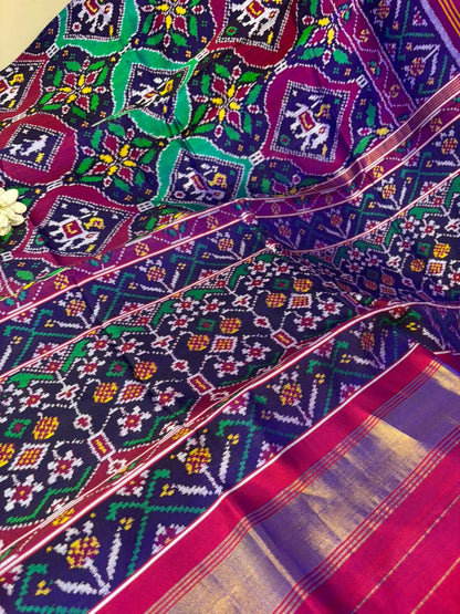 Blue Semi Patan Patola Handloom Pure Silk Saree - Luxurion World