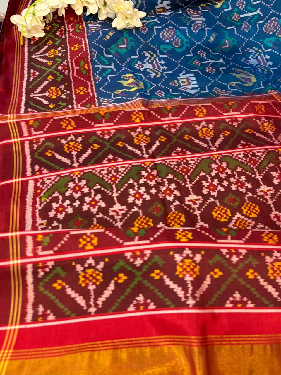 Blue Semi Patan Patola Handloom Pure Silk Saree - Luxurion World