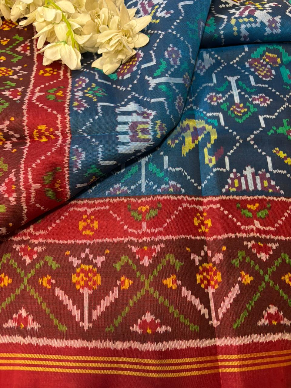 Blue Semi Patan Patola Handloom Pure Silk Saree - Luxurion World