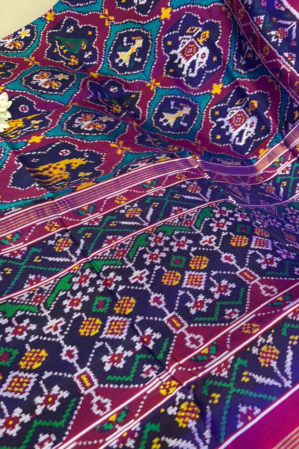 Blue Semi Patan Patola Handloom Pure Silk Saree - Luxurion World