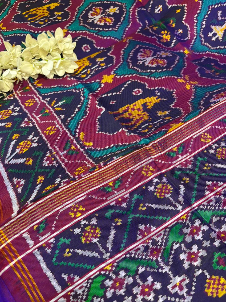 Blue Semi Patan Patola Handloom Pure Silk Saree - Luxurion World