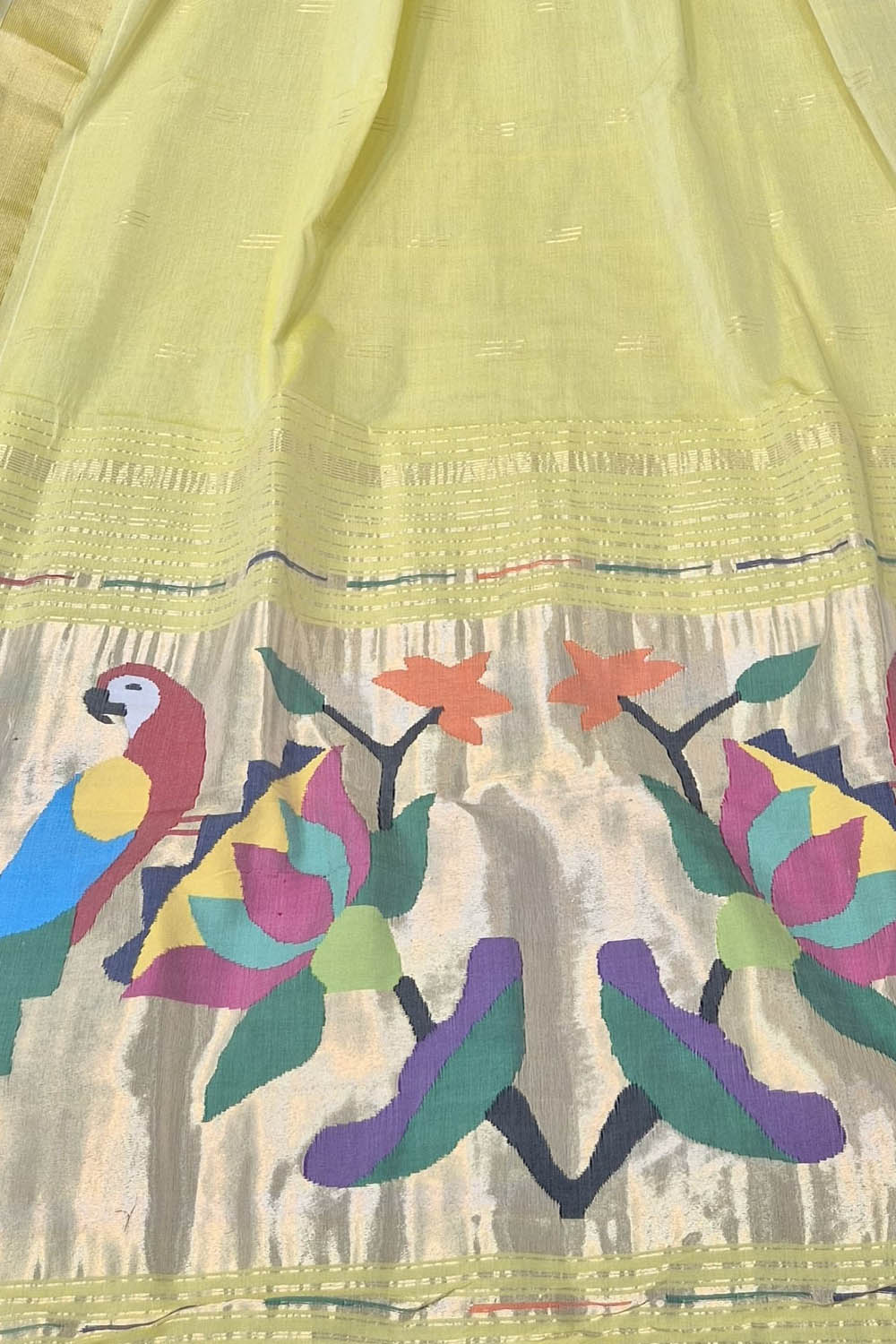 Yellow Paithani Handloom Cotton Flower And Parrot Design Saree - Luxurion World