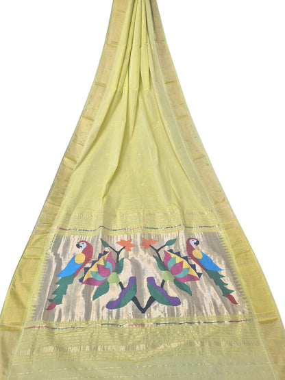 Yellow Paithani Handloom Cotton Flower And Parrot Design Saree - Luxurion World