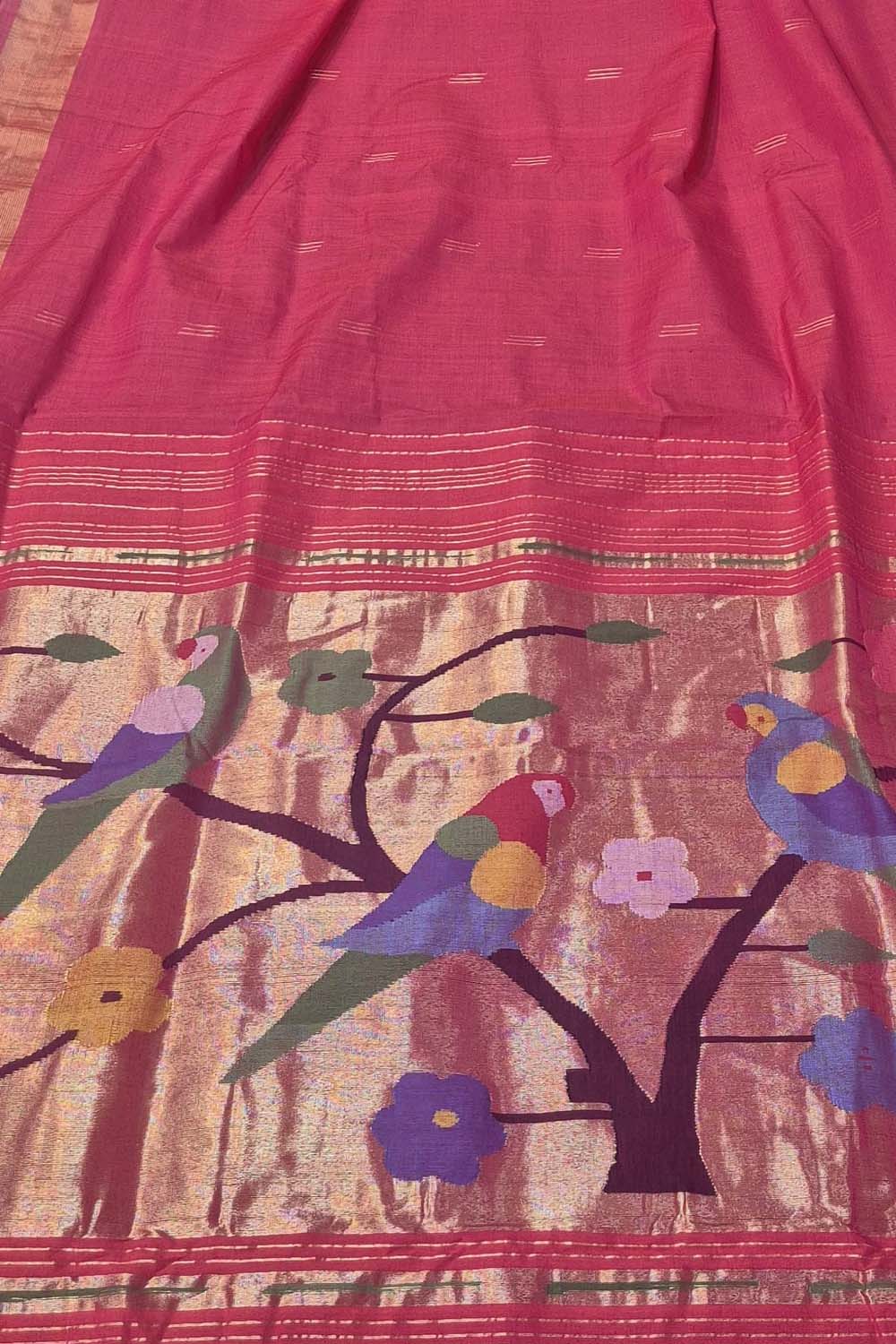 Pink Paithani Handloom Cotton Flower And Parrot Design Saree - Luxurion World