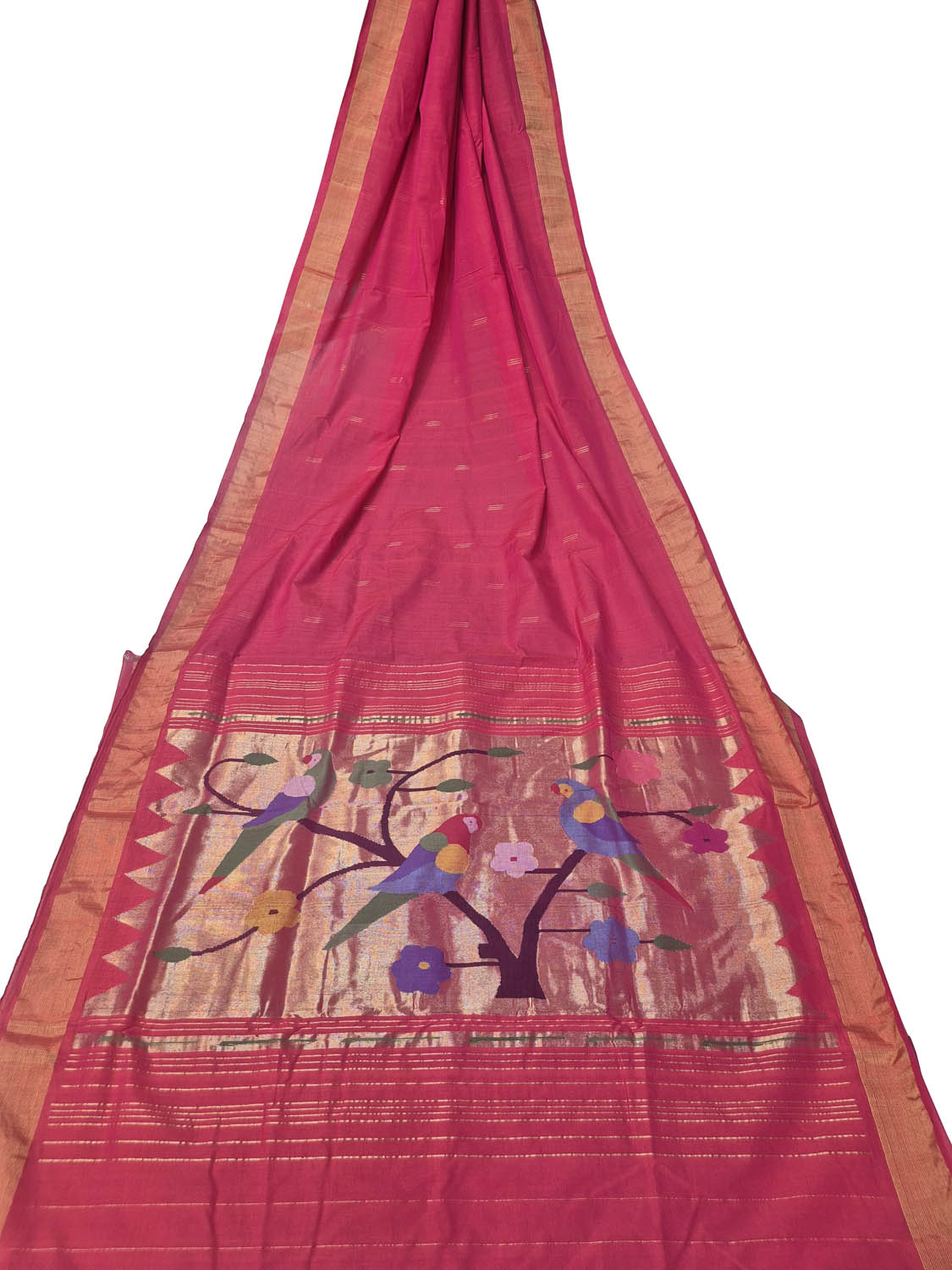 Pink Paithani Handloom Cotton Flower And Parrot Design Saree - Luxurion World