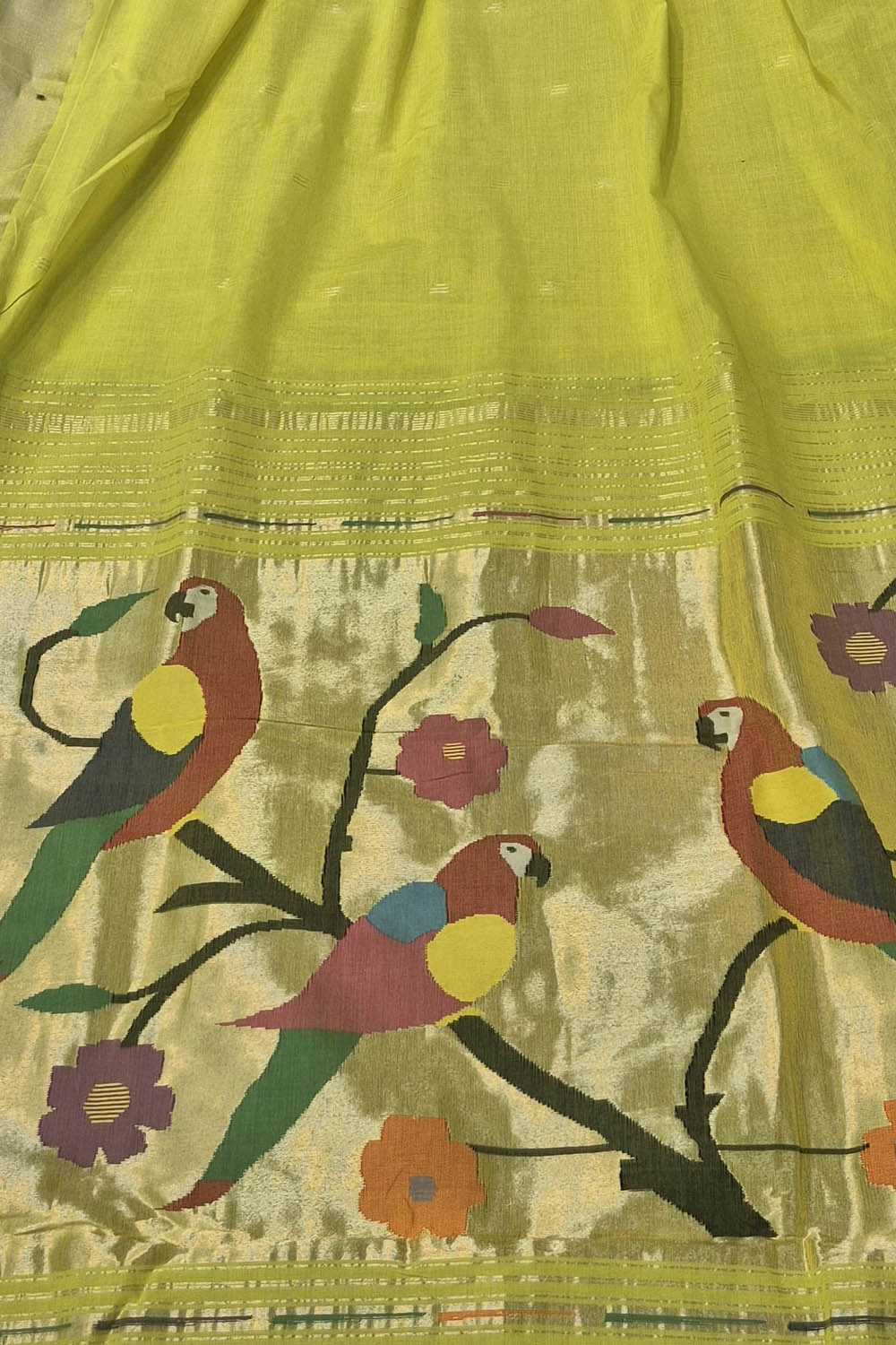 Green Paithani Handloom Cotton Flower And Parrot Design Saree - Luxurion World