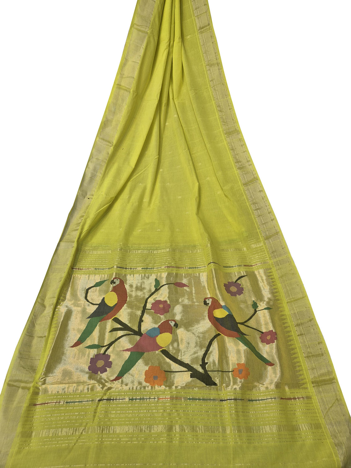 Green Paithani Handloom Cotton Flower And Parrot Design Saree - Luxurion World