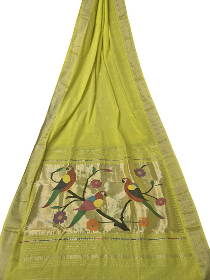 Green Paithani Handloom Cotton Flower And Parrot Design Saree - Luxurion World