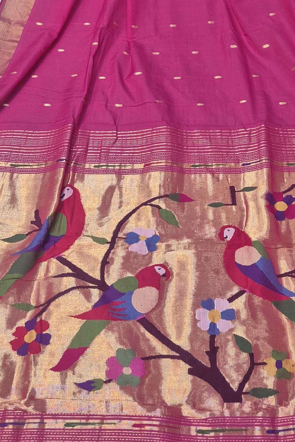 Pink Paithani Handloom Cotton Parrot Design Saree - Luxurion World