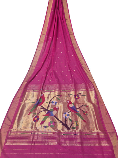 Pink Paithani Handloom Cotton Parrot Design Saree - Luxurion World