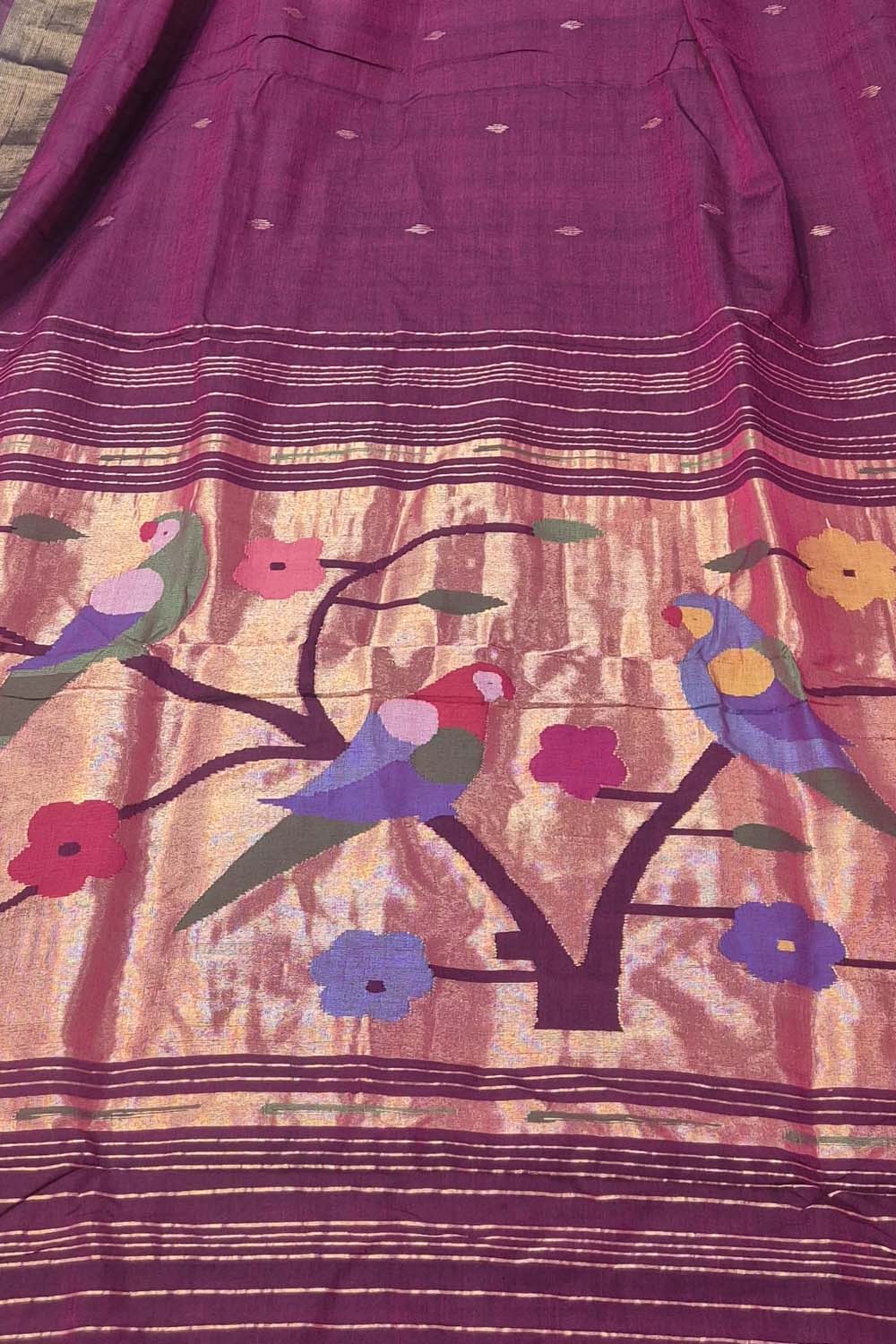 Purple Paithani Handloom Cotton Parrot Design Saree - Luxurion World