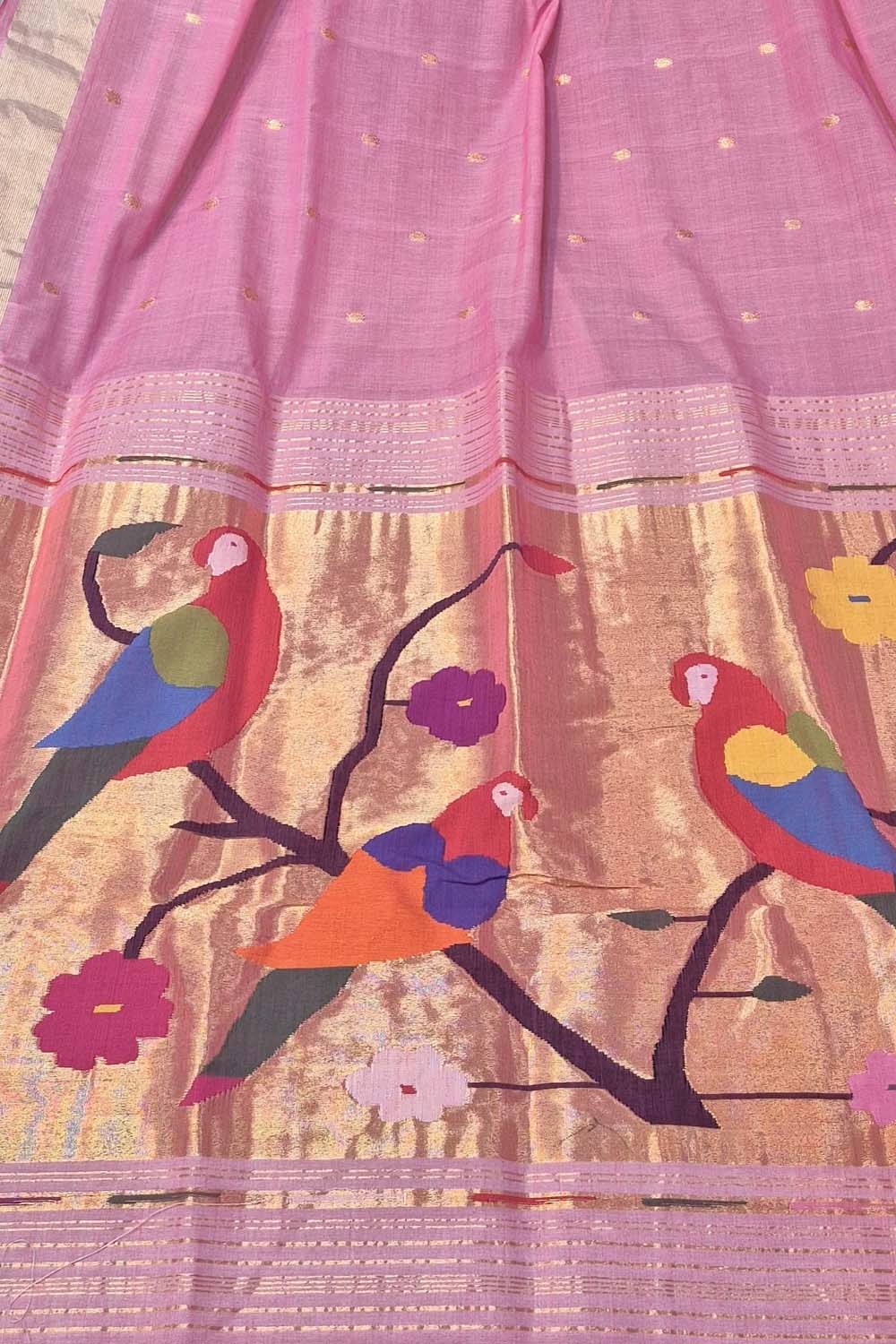 Pink Paithani Handloom Cotton Parrot And Flower Design Saree - Luxurion World