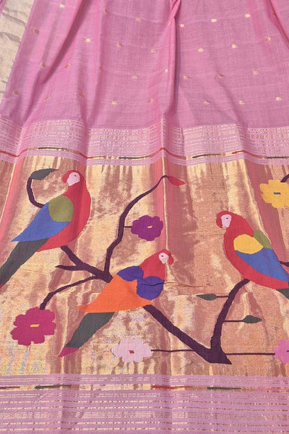 Pink Paithani Handloom Cotton Parrot And Flower Design Saree - Luxurion World